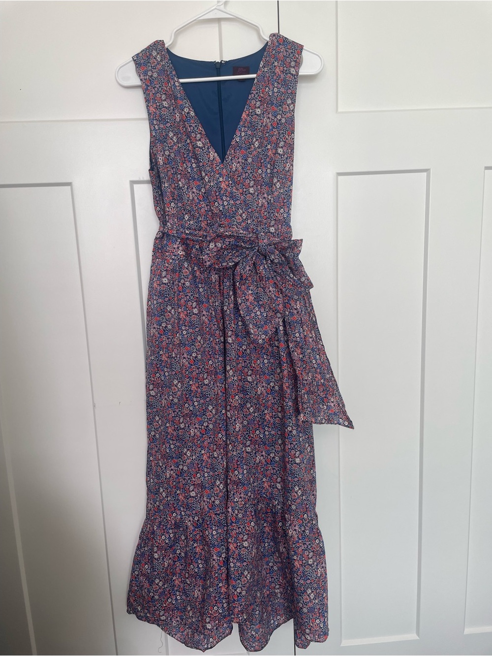 J. Crew Navy and Pink Floral Liberty Print  V-Neck Tie-Waist Maxi Dress